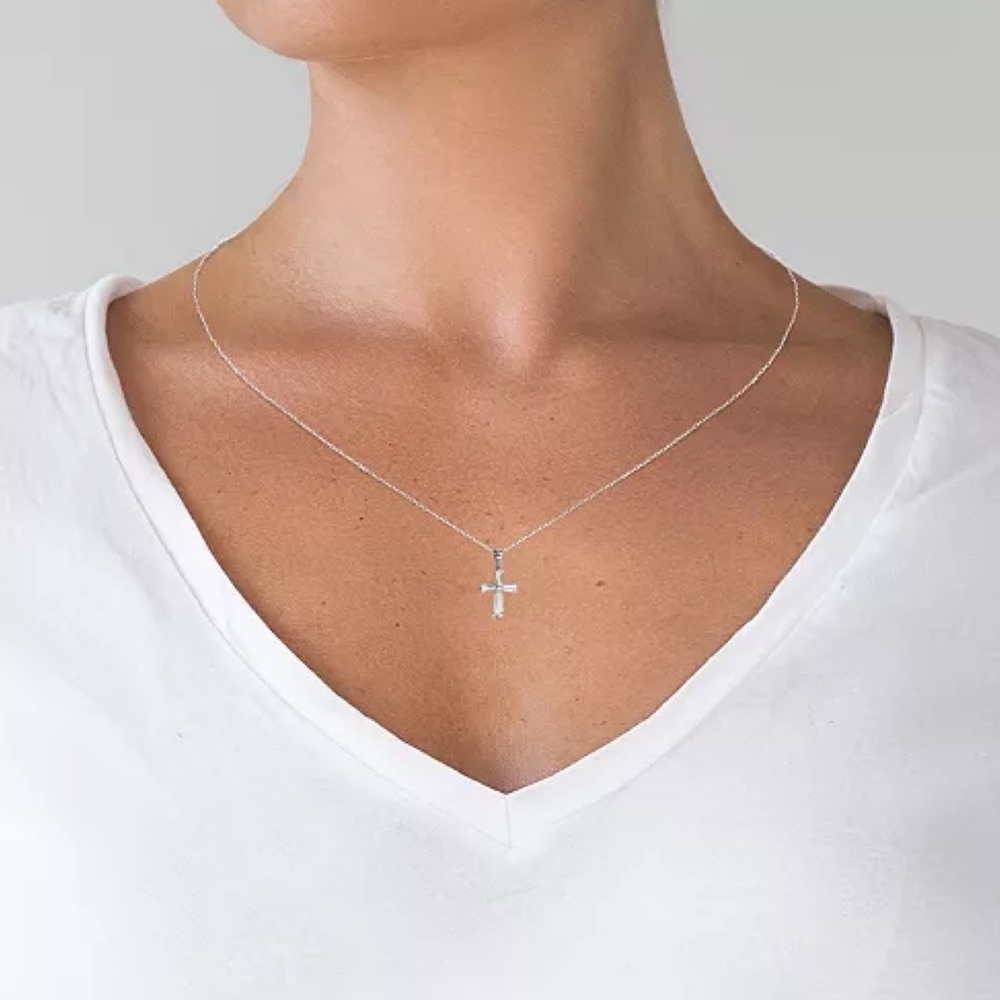 Women's Cubic Zirconia Baguette Cross Pendant Necklace in Sterling Silver
